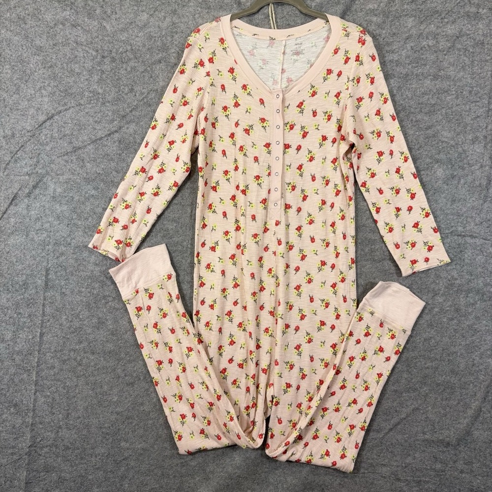 Aerie One Piece Pajama Union Suit Sz L Peach Floral Waffle Knit Lightweight